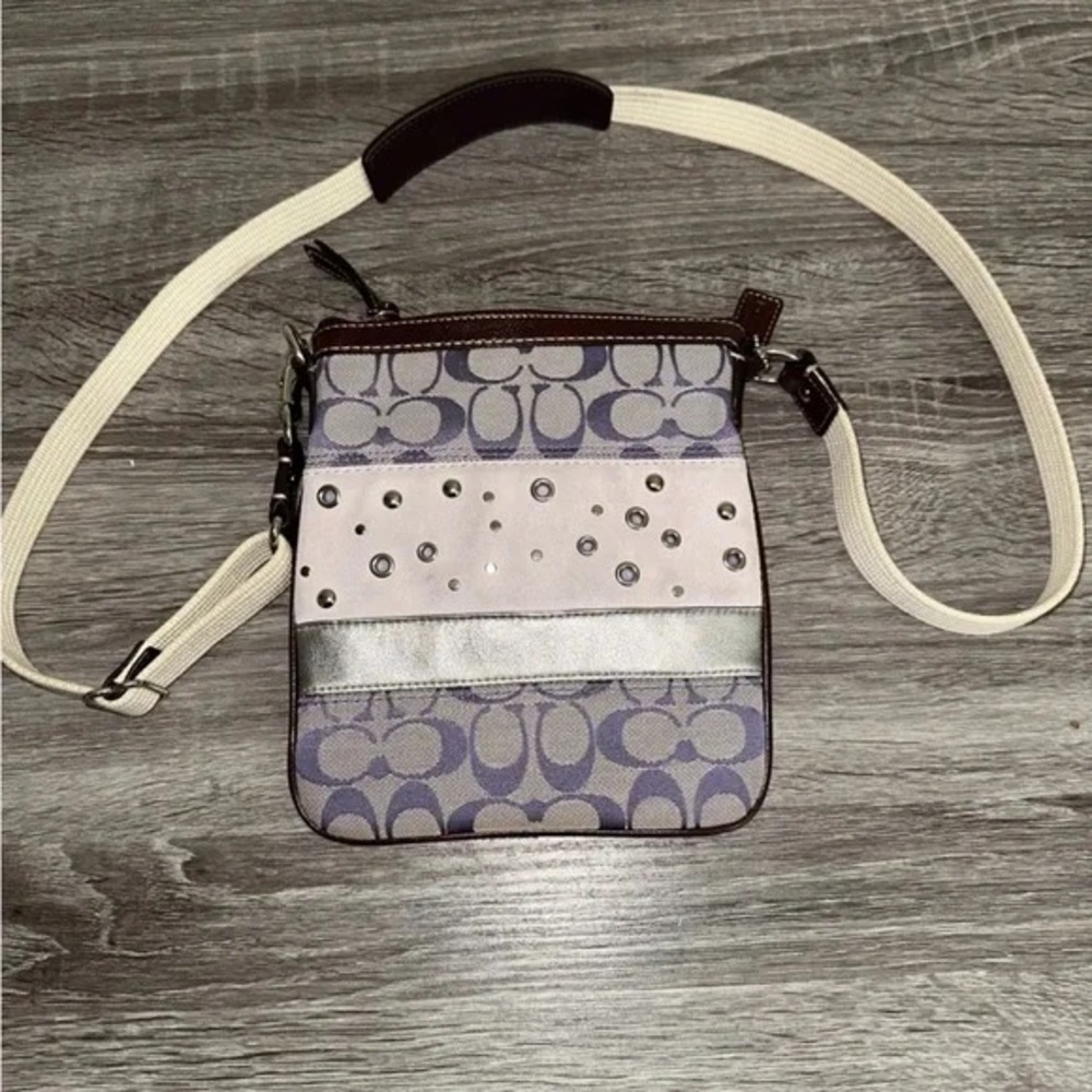 Coach Lavender Signature Canvas Crossbody with Studded Cream and Silver Stripes